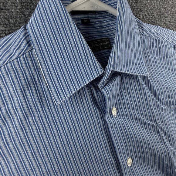 Salvatore Ferragamo XS Blue Stripe Short Sleeve Button Up Shirt Men Cotton Woven - Picture 8 of 15